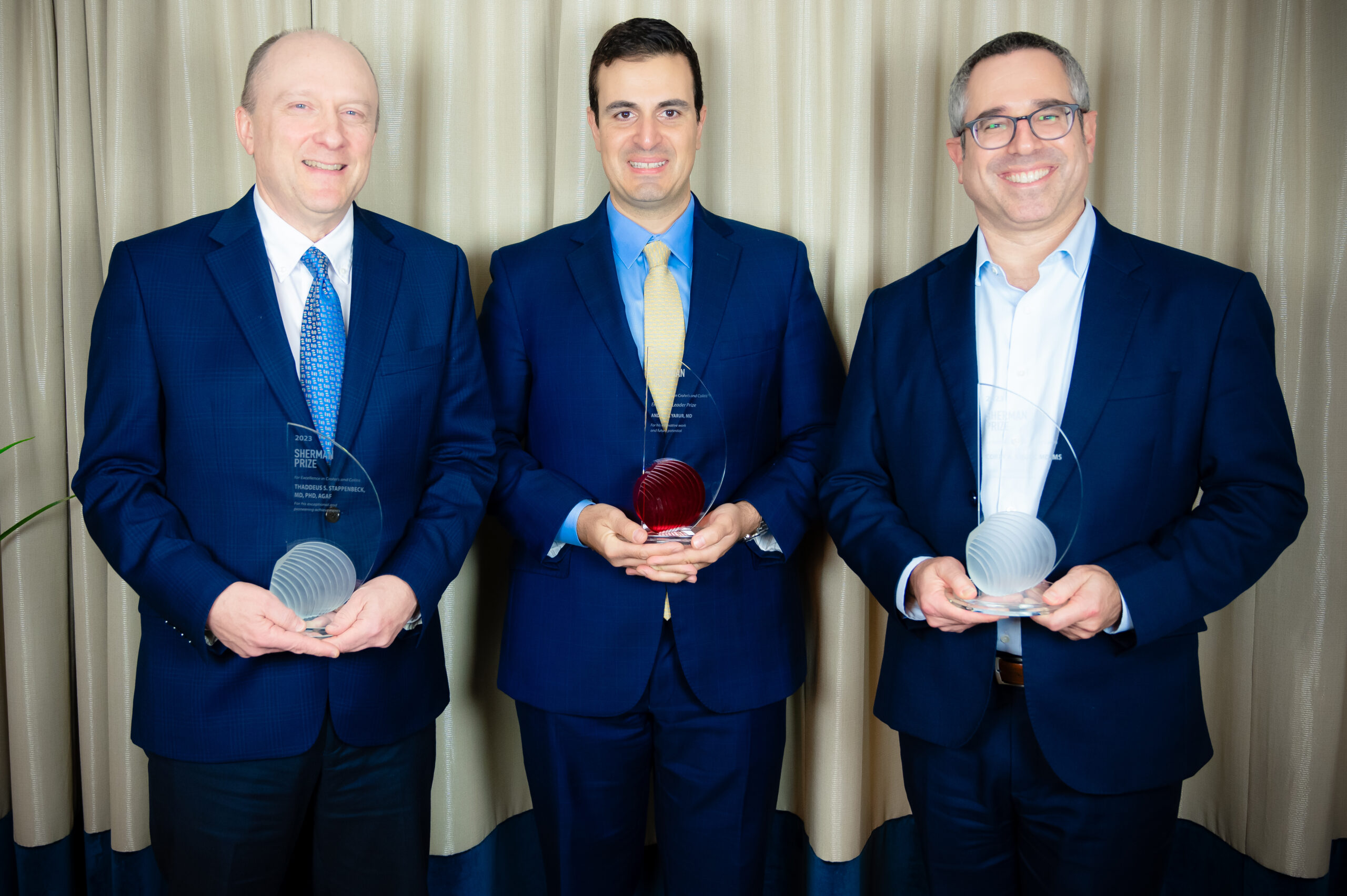 <p>2023 Sherman Prize Recipients: Thaddeus S. Stappenbeck, MD, PhD, Corey A. Siegel, MD, MS, and Andres J. Yarur, MD</p>
