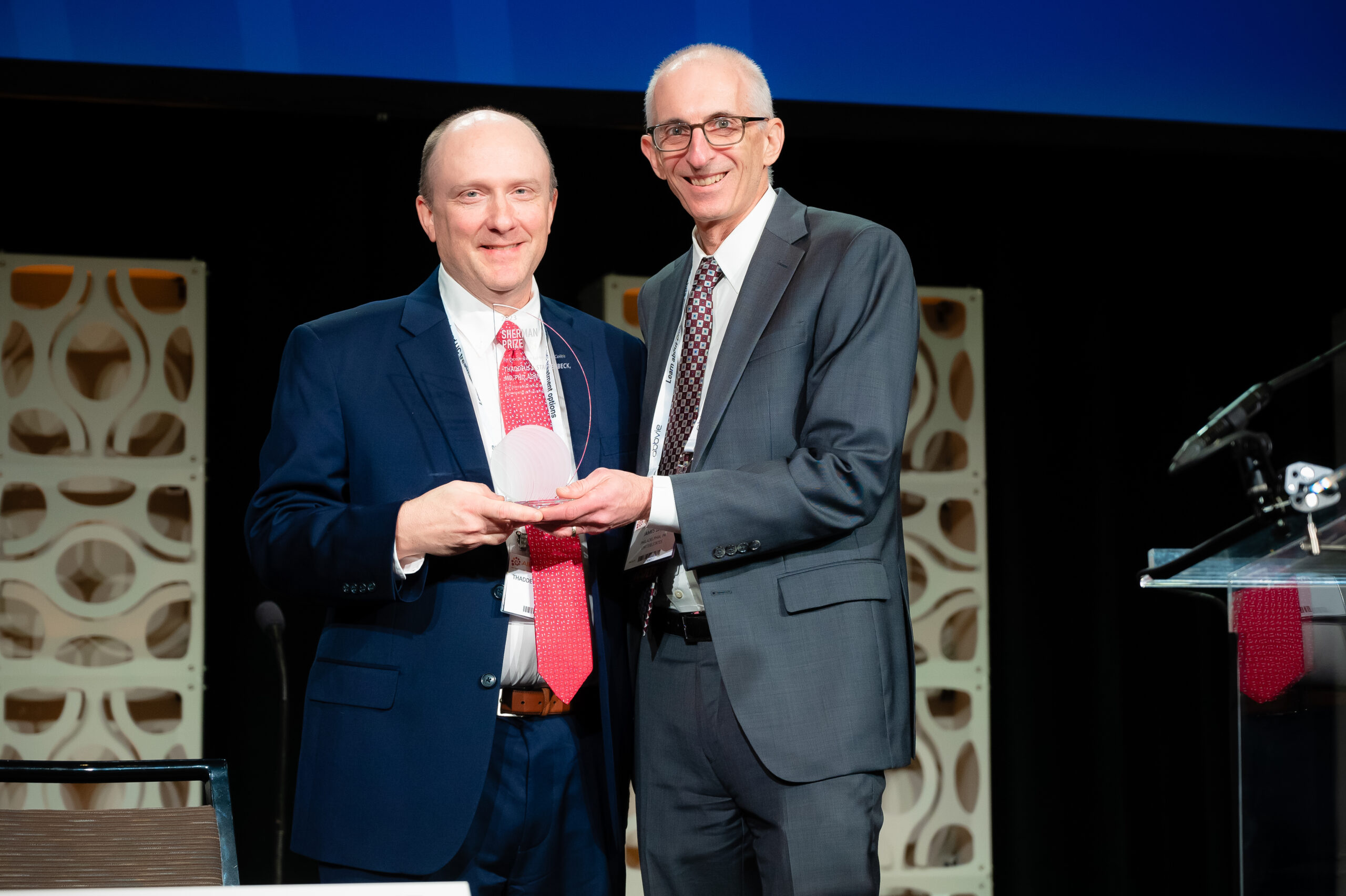 <p>2023 Sherman Prize Recipient Thaddeus S. Stappenbeck, MD, PhD and 2023 Selection Committee Member James D. Lewis, MD, MSCE</p>
