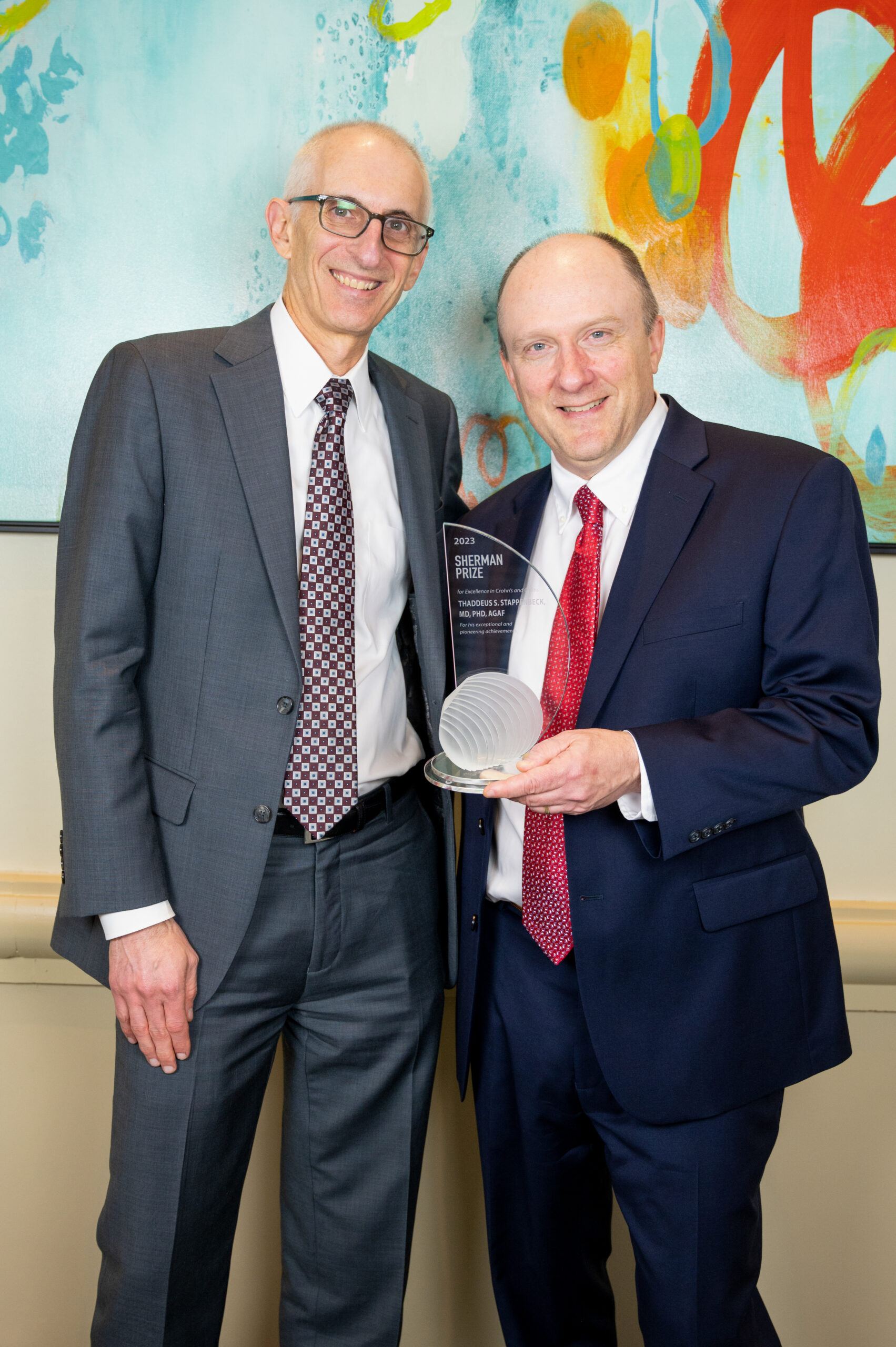 <p>2023 Sherman Prize Recipient Thaddeus S. Stappenbeck, MD, PhD and 2023 Selection Committee Member James D. Lewis, MD, MSCE</p>
