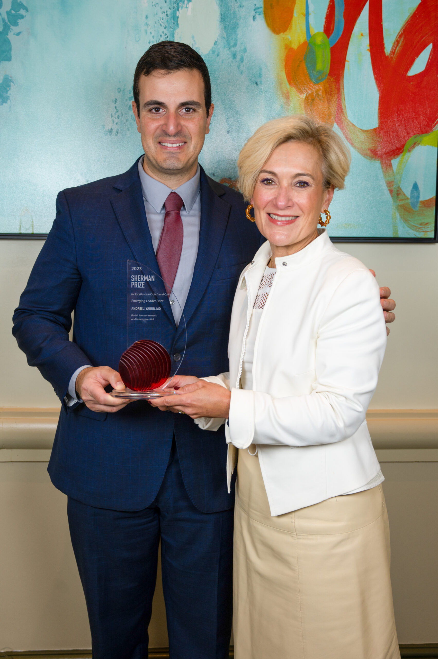 <p>2023 Selection Committee Chair Maria T. Abreu, MD and 2023 Sherman Emerging Leader Prize Recipient Andres J. Yarur, MD</p>
